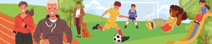 Graphic showing runners, dog walkers, kids playing football and on the park