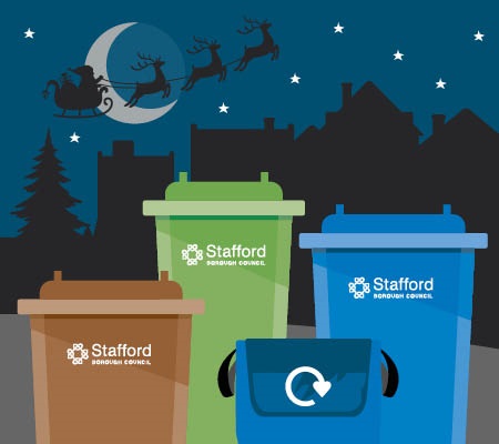 blue, green and brown waste bins