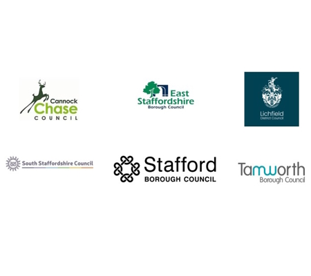 Logos for Stafford Borough, Cannock Chase District, East Staffordshire Borough, Lichfield District, South Staffordshire District and Tamworth Borough councils