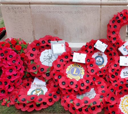 Poppy wreaths at war memorial