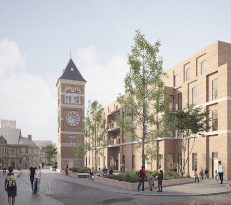 Vision for Stafford Town Centre future showing people walking around the town