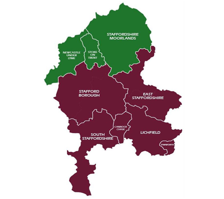 Map showing split between Staffordshire County into south and north unitary councils
